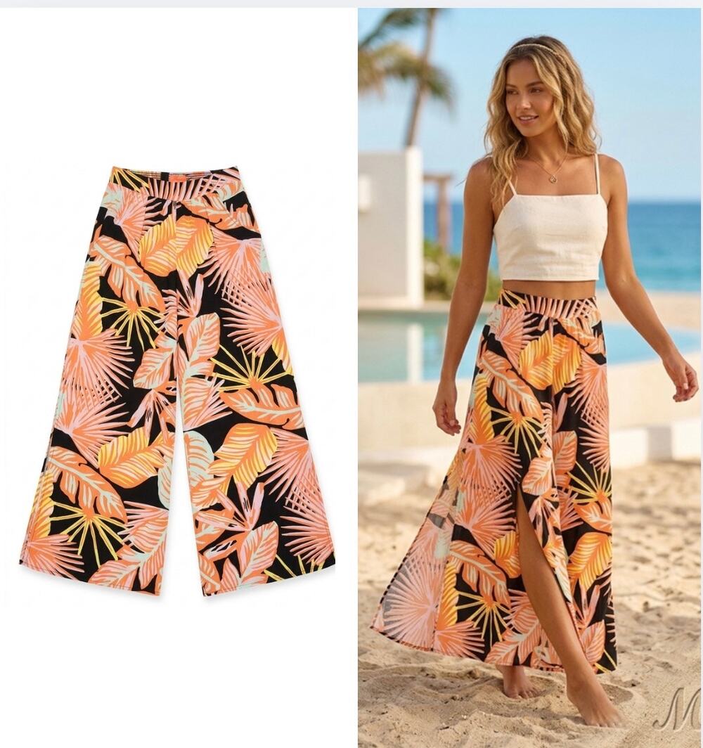 Maaji Tropical Print Wide Leg High Slit Palazzo Pants